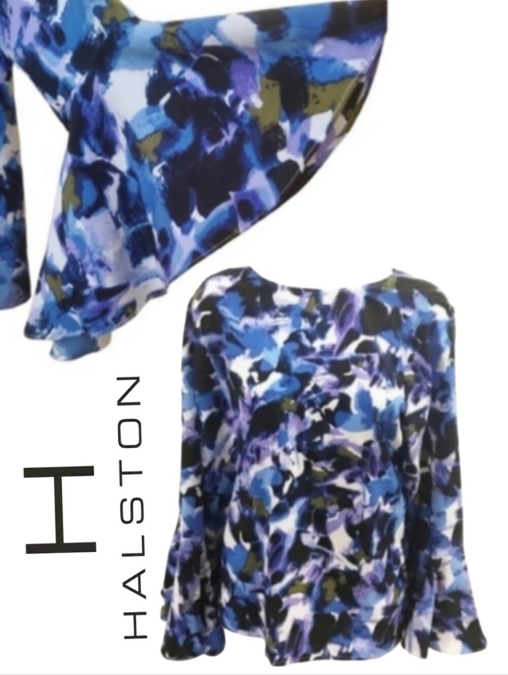 Bell Sleeve Blue Abstract Floral Blouse, H by Halston